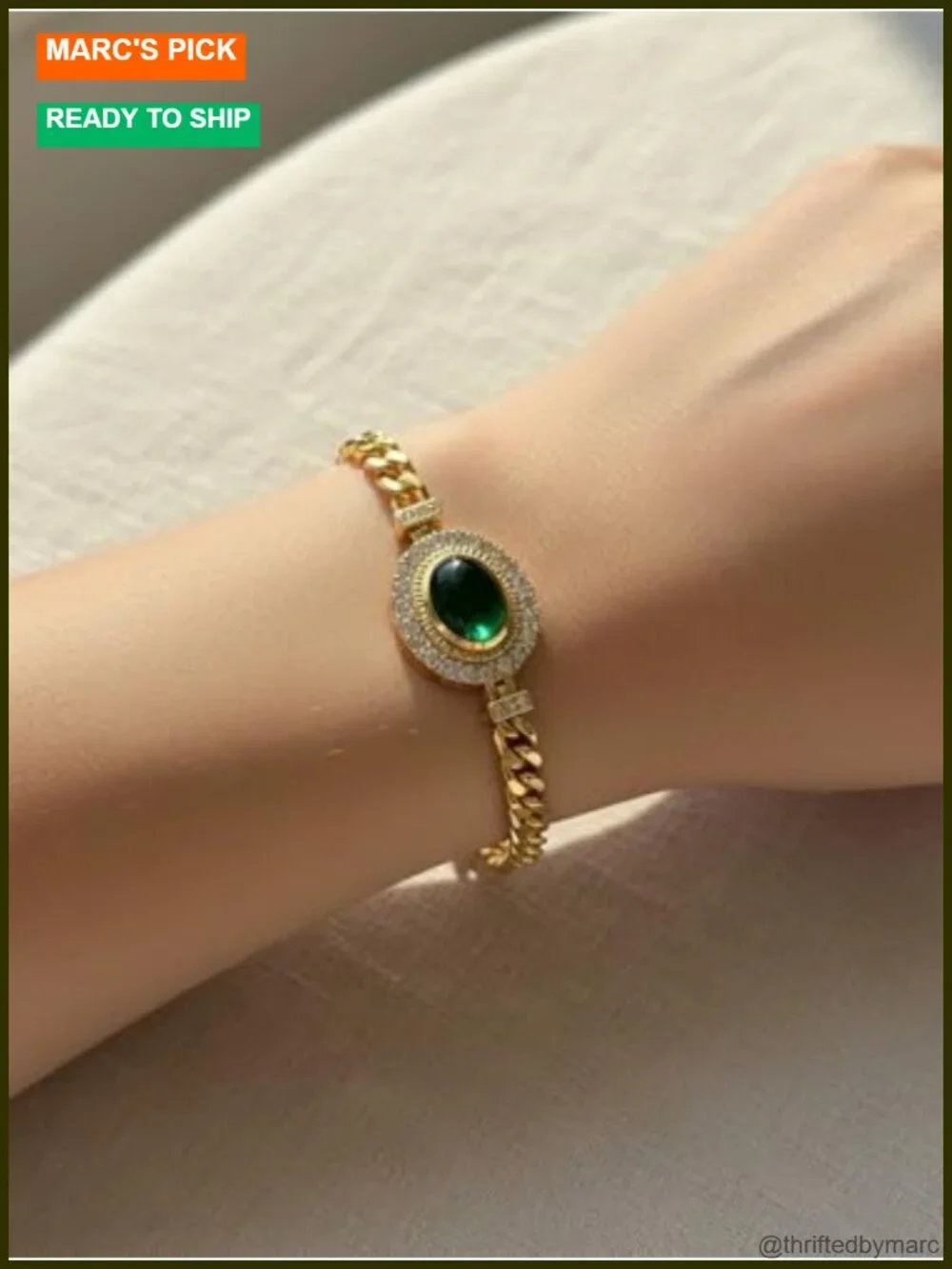 Simulated Emerald Cubic Zirconia Cuban Link Chain Bracelet, Rhodium/Yellow Gold